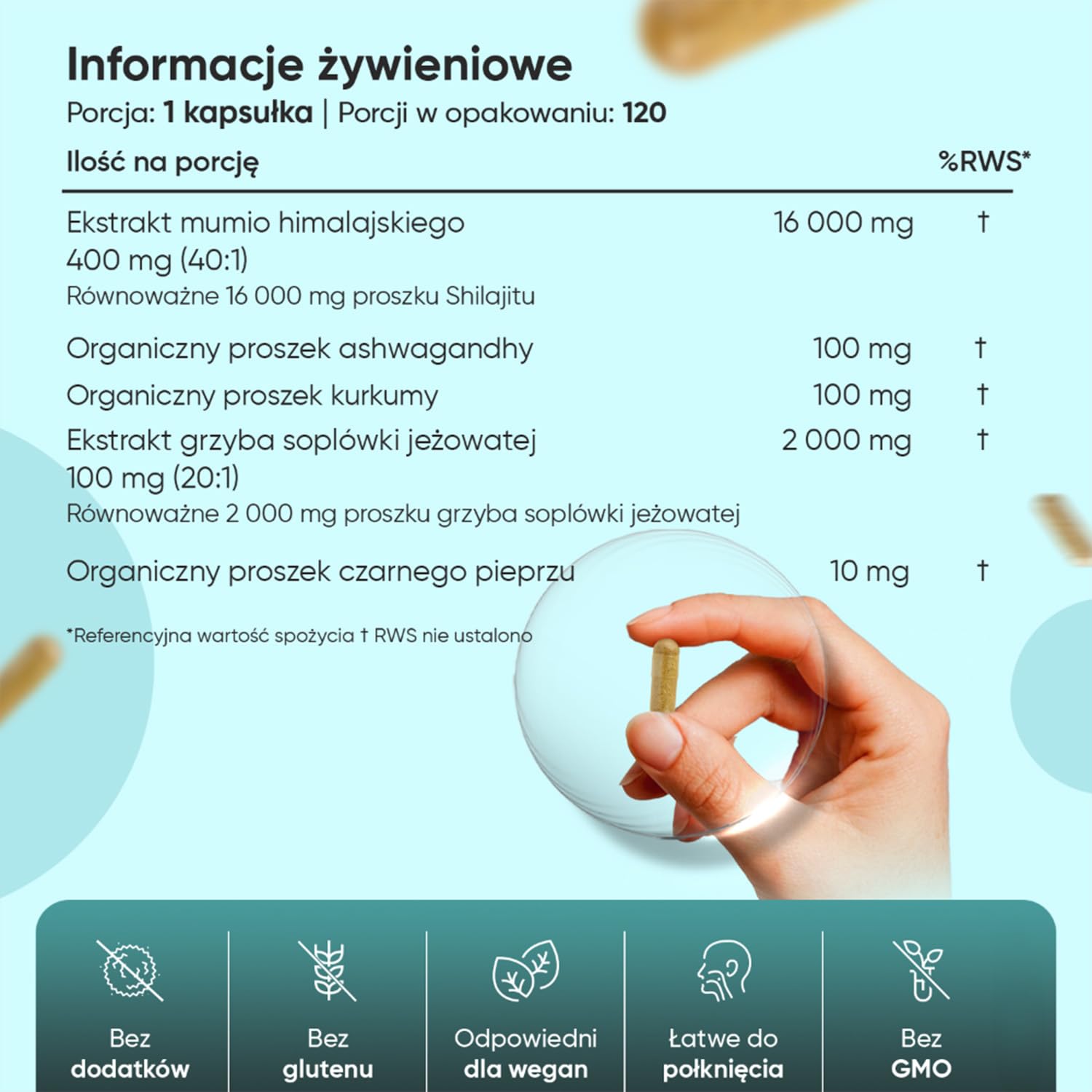 Shilajit (Mumio) Complex 18210 mg, 120 Kapsułek, z Ashwagandhą, Soplówką Jeżowatą i Kurkumą – 16000 mg Shilajit w proszku na kapsułkę – Zapas na 4 Miesiące – Odpowiedni dla Wegan, bez GMO