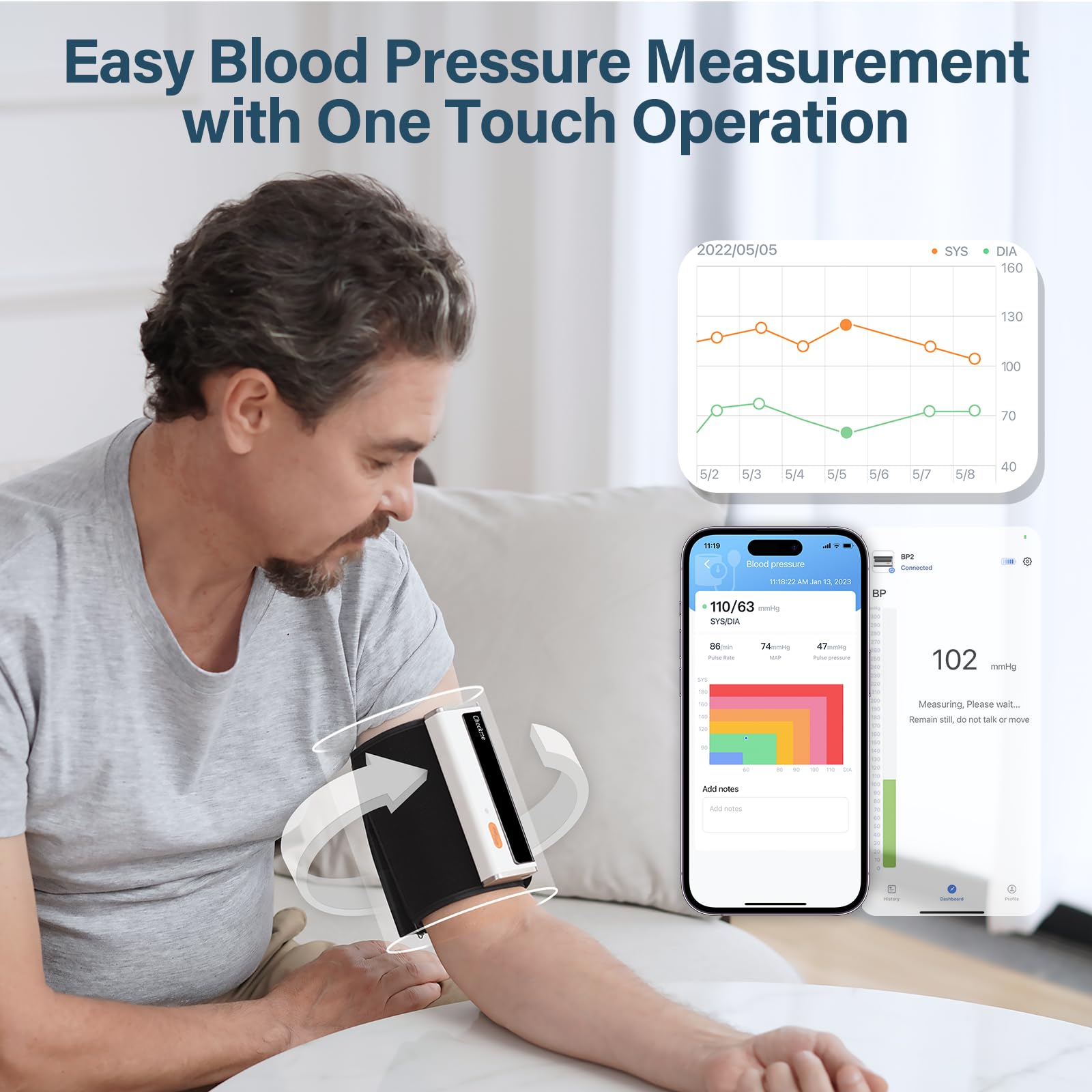 CheckMe Armfit Plus Tensiometro de brazo con ECG y análisis de informes de ECG, medición automática en 30S, APP Gratuita para Android e iOS, con gestión multiusuario y almacenamiento ilimitado