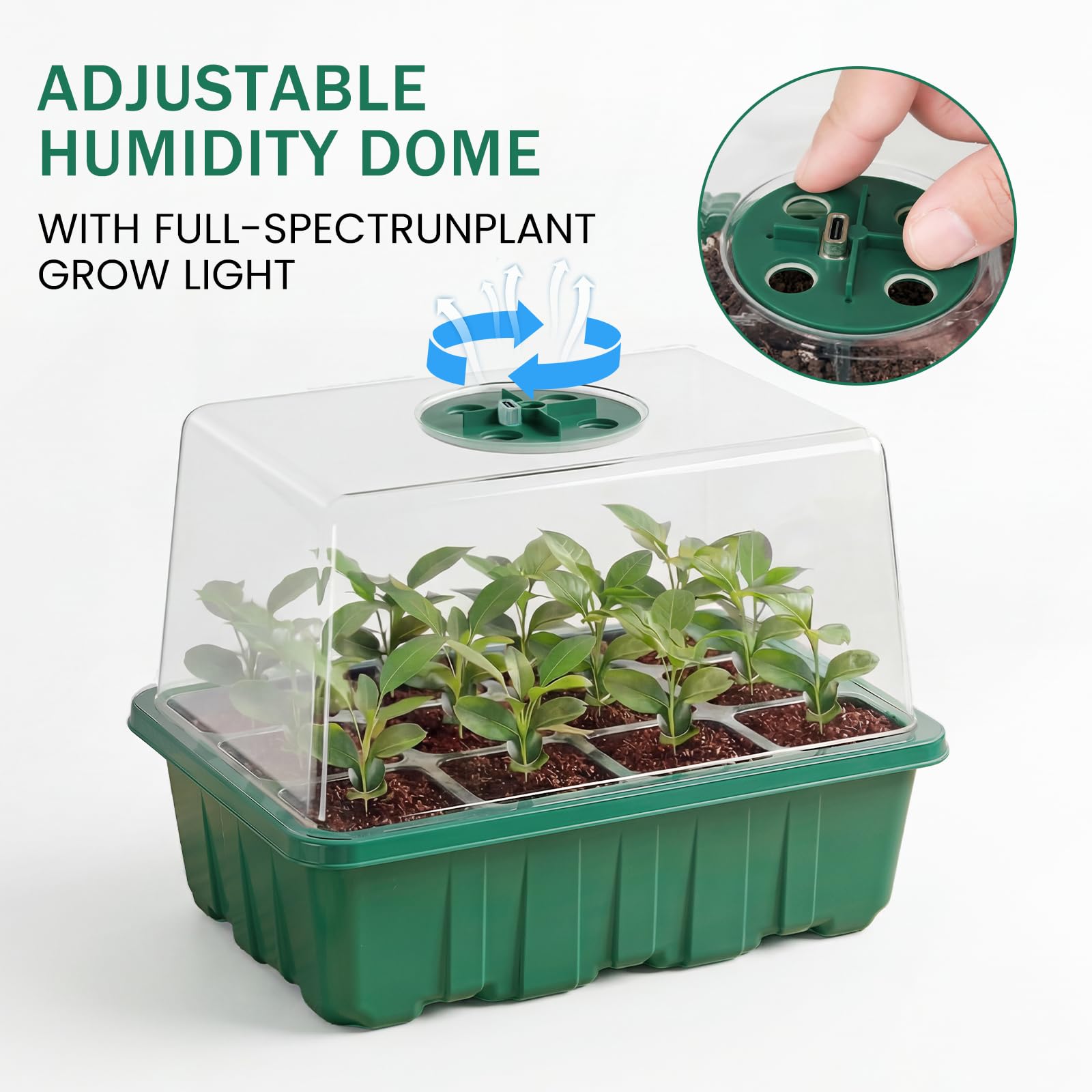 YAUNGEL Vassoio Germinazione con Luce di Coltivazione, 6 Pezzi Semenzaio per Piantine Mini Serra Propagatore con Luce di crescita Regolabile Luminosità & Umidità Propagatore di Semi Kit, Verde