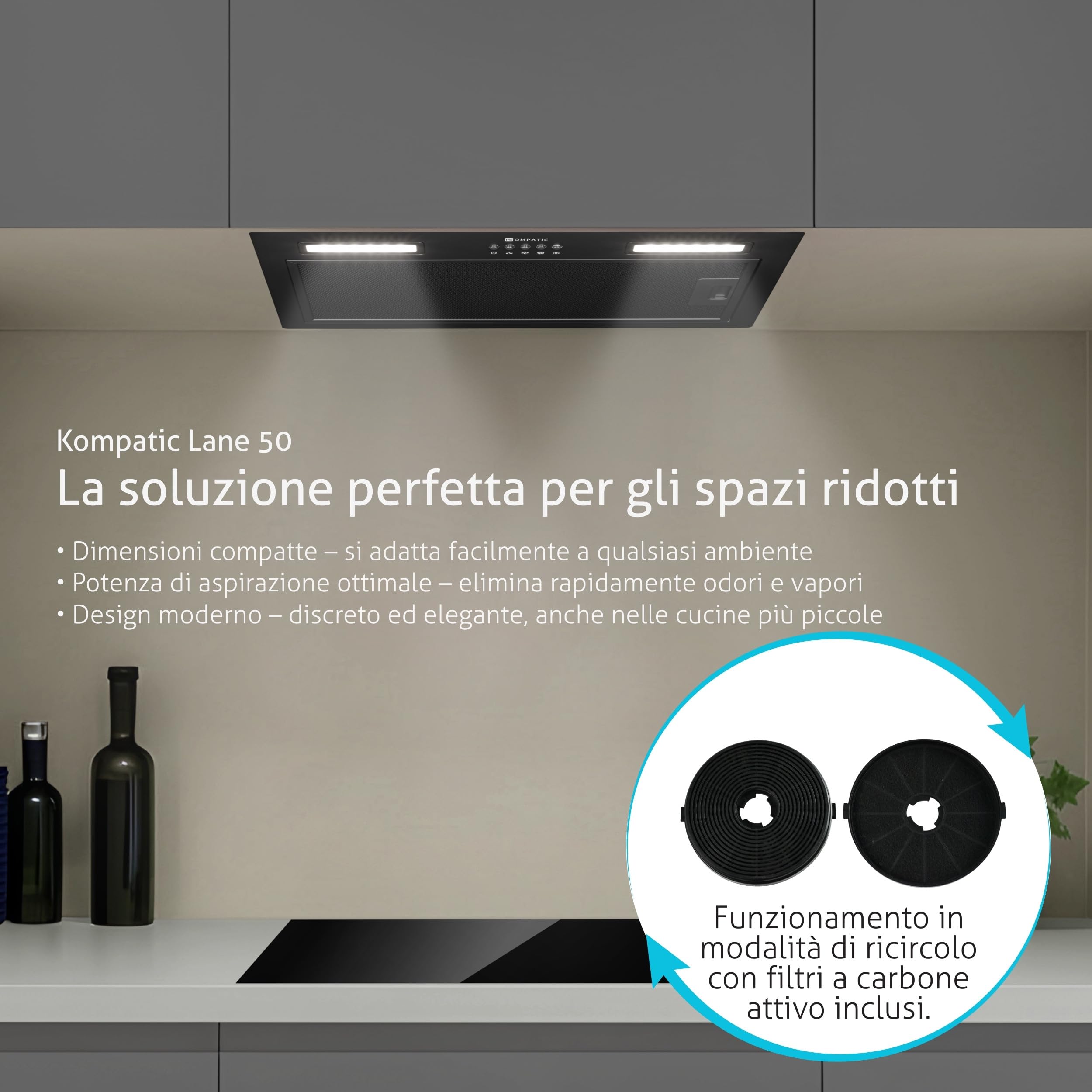 Lane 50 KLN50BI Cappa Aspirante Incasso, A+++, 50 cm, 450 m³/h, Filtri a Carbone Inclusi KCF4, Modalità Ricircolo o Estrazione, Controllo elettronico, Timer, LED, 3 velocità + boost,Nero