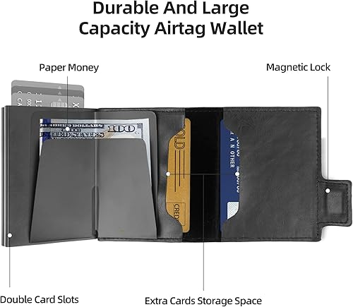 Miniatura 3 de Airtag Wallet Men Double Layers,RFID Smart Slim Leather Air Tag Wallet, High Capacity Pop Up Apple Airtag Wallet with Airtag Holder(Classic Black)