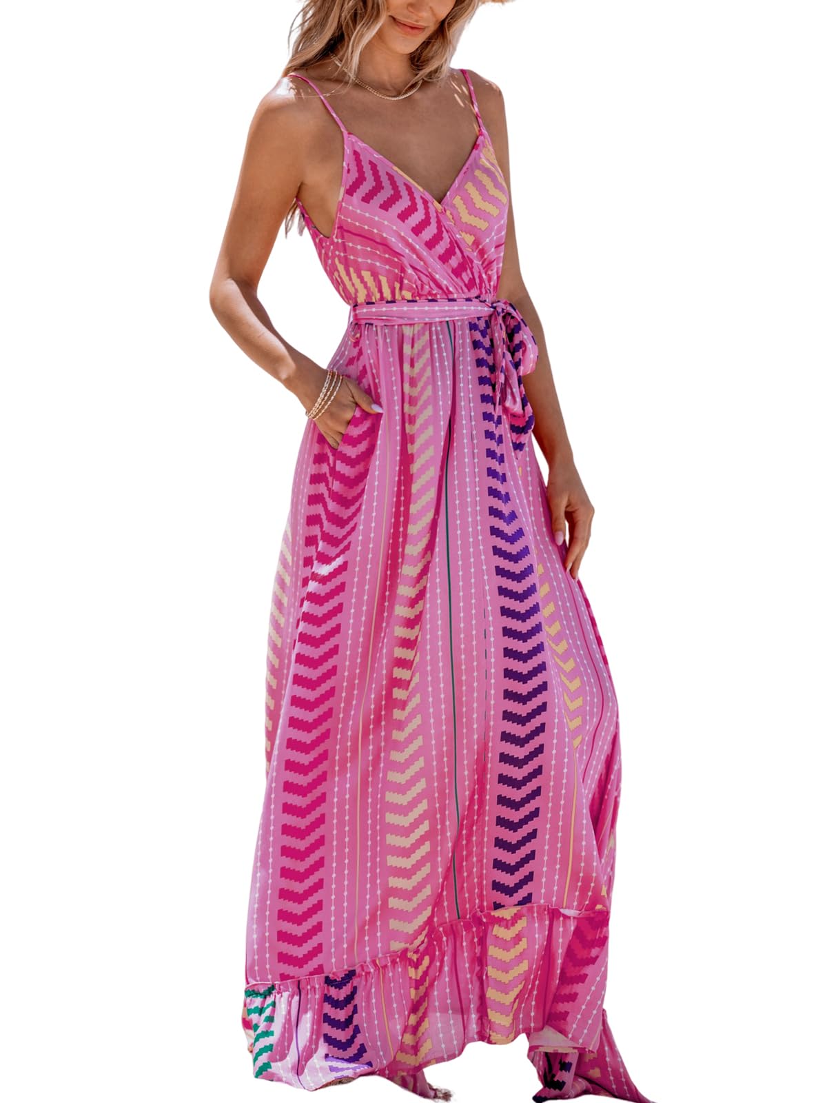 CUPSHE Damen Sommerkleid Boho V-Ausschnitt Ärmellos Maxikleid Spaghettiträger Freizeitkleid Rüschensaum Strandkleid mit Gürtel