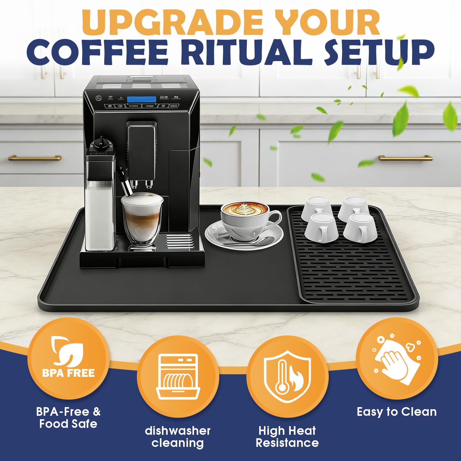 Raxfekro Tappetino in silicone per macchina da caffè 2 in 1, con tappetino antigoccia, 60 x 40 cm, resistente al calore, antiscivolo, per macchina da caffè e cucina, nero con bordo convesso e