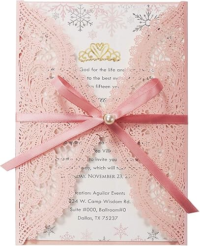 5.12 x 7.28 pulgadas, 50 unidades de invitaciones de boda de encaje hueco en blanco rosa con sobres y perlas Bowknot tarjetas de invitación de