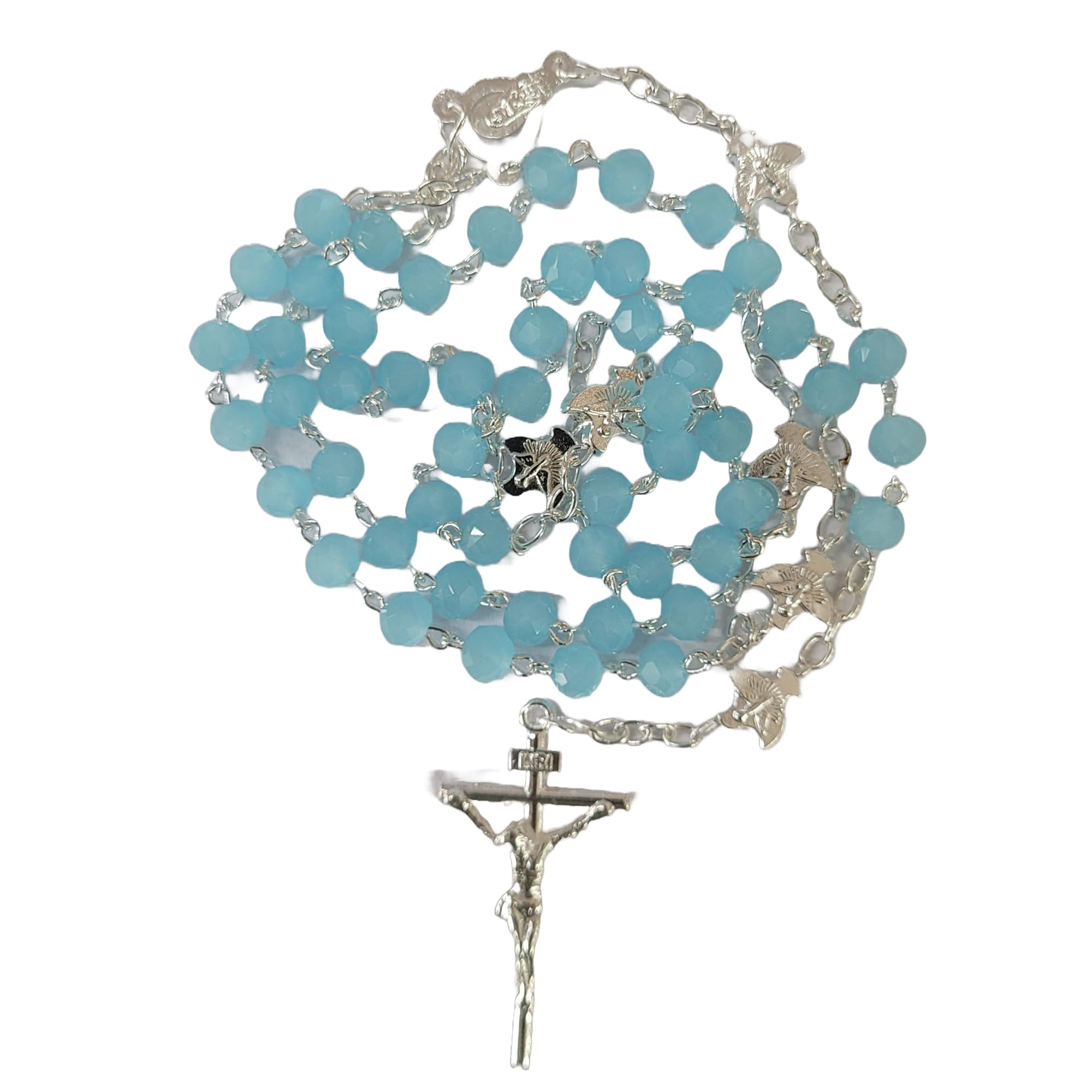 Divine Creations Goa Crystal Opaque Blue Rosary with Holy Spirit Medals after every decade-image-32