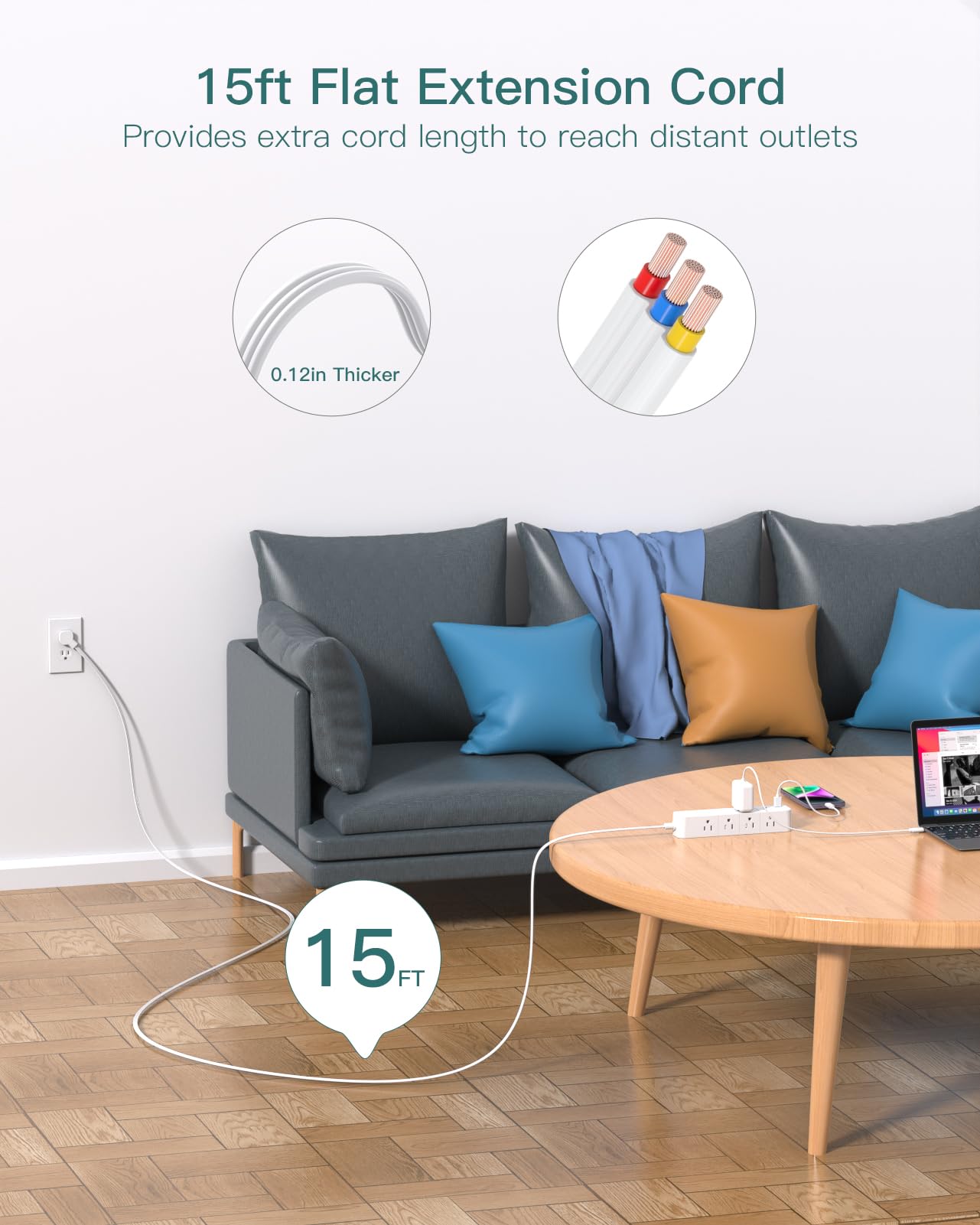 Surge Protector Power Strip 15 ft Cord, Flat Plug Extension Cord with 12 Outlets 3 USB Ports(2 USB C), Long Cord Power Strips with Surge Protection 15ft for Home Office Dorm Room Essentials