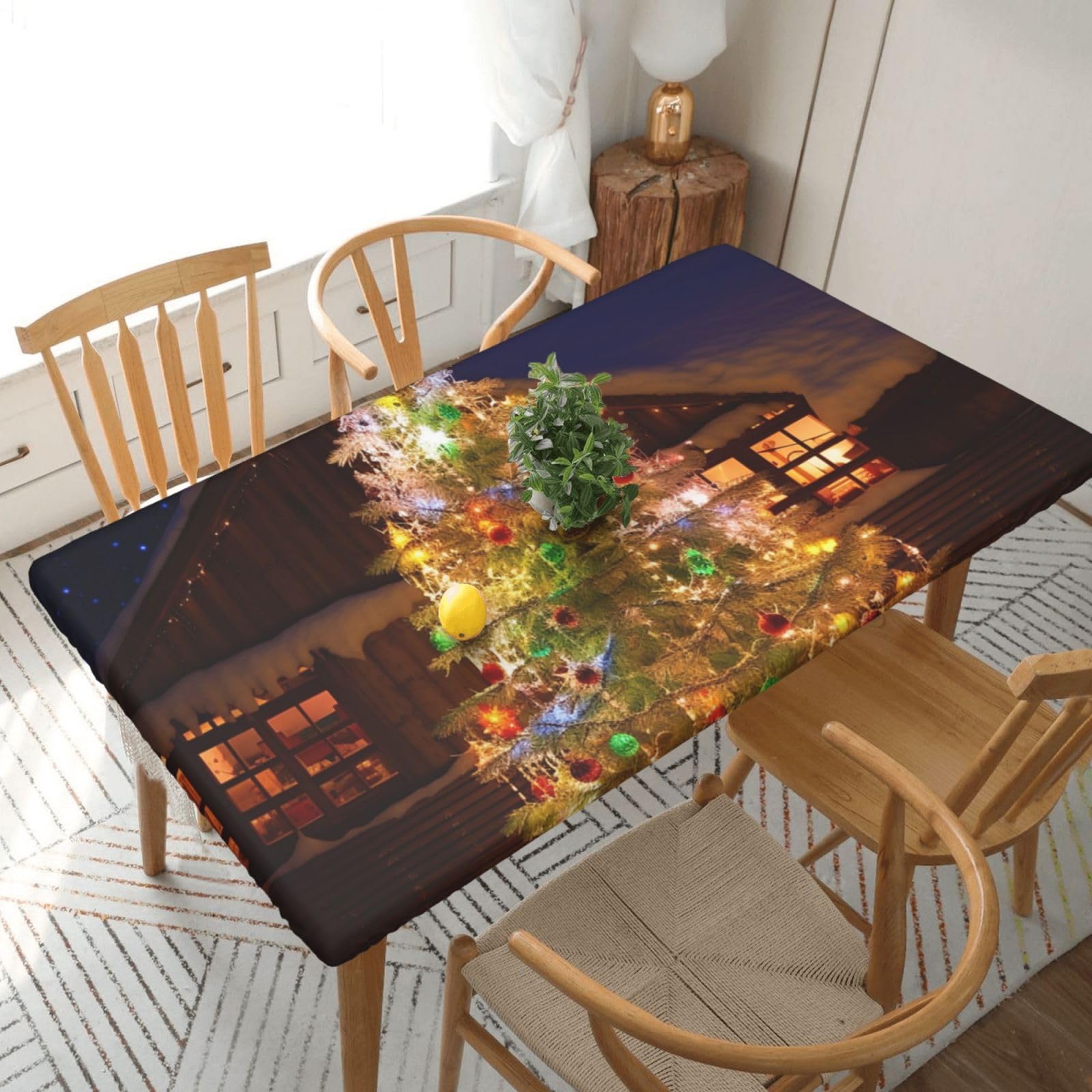 Xzeit Xmas Tree Rectangle Tablecloth Elastic Fitted Table Covers for 5 Ft Tables Stretch Table Cloths Outdoor Waterproof Table Cloth Cover for Picnic Camping Indoor Outdoor 30