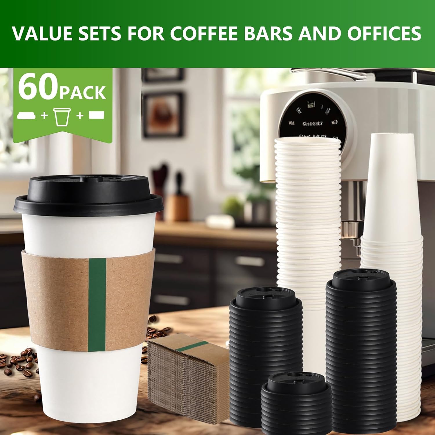 60 Pack 20oz Extra Thick Disposable Coffee Cups with Lids & Sleeves - Sturdy and Insulated To Go Paper Cups for Hot/Cold Drinks Chocolate Tea - Perfect for Office Travel Party Supplies & Coffee Bars - Image 6