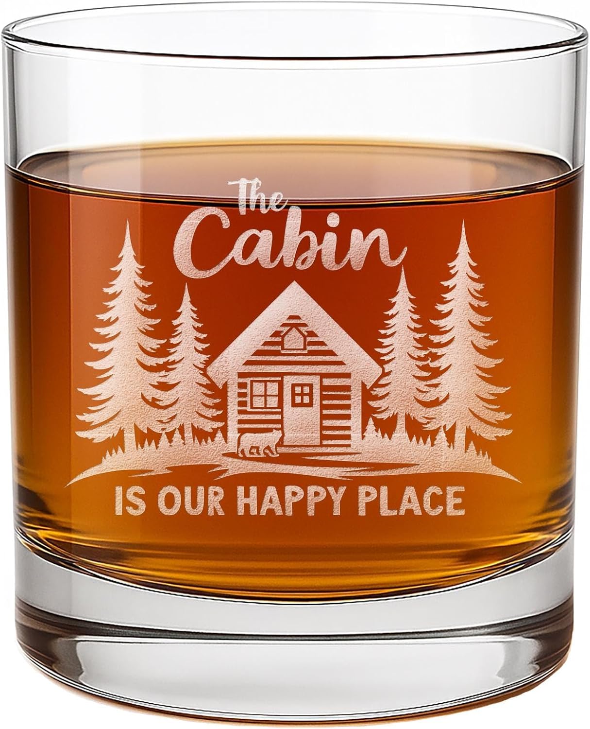 Cabin Happy Place Whiskey Glass - Engraved Round Rocks Glass for Rustic Cabin, Lake House, or Lodge Decor - 4 Pack