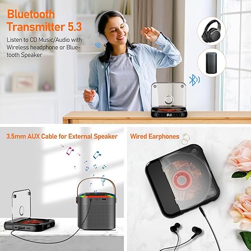 Miniatura 4 de Reproductor de CD portátil con reproductor de CD Bluetooth para el hogar, pequeño reproductor de CD recargable con auriculares, pantalla táctil LCD,