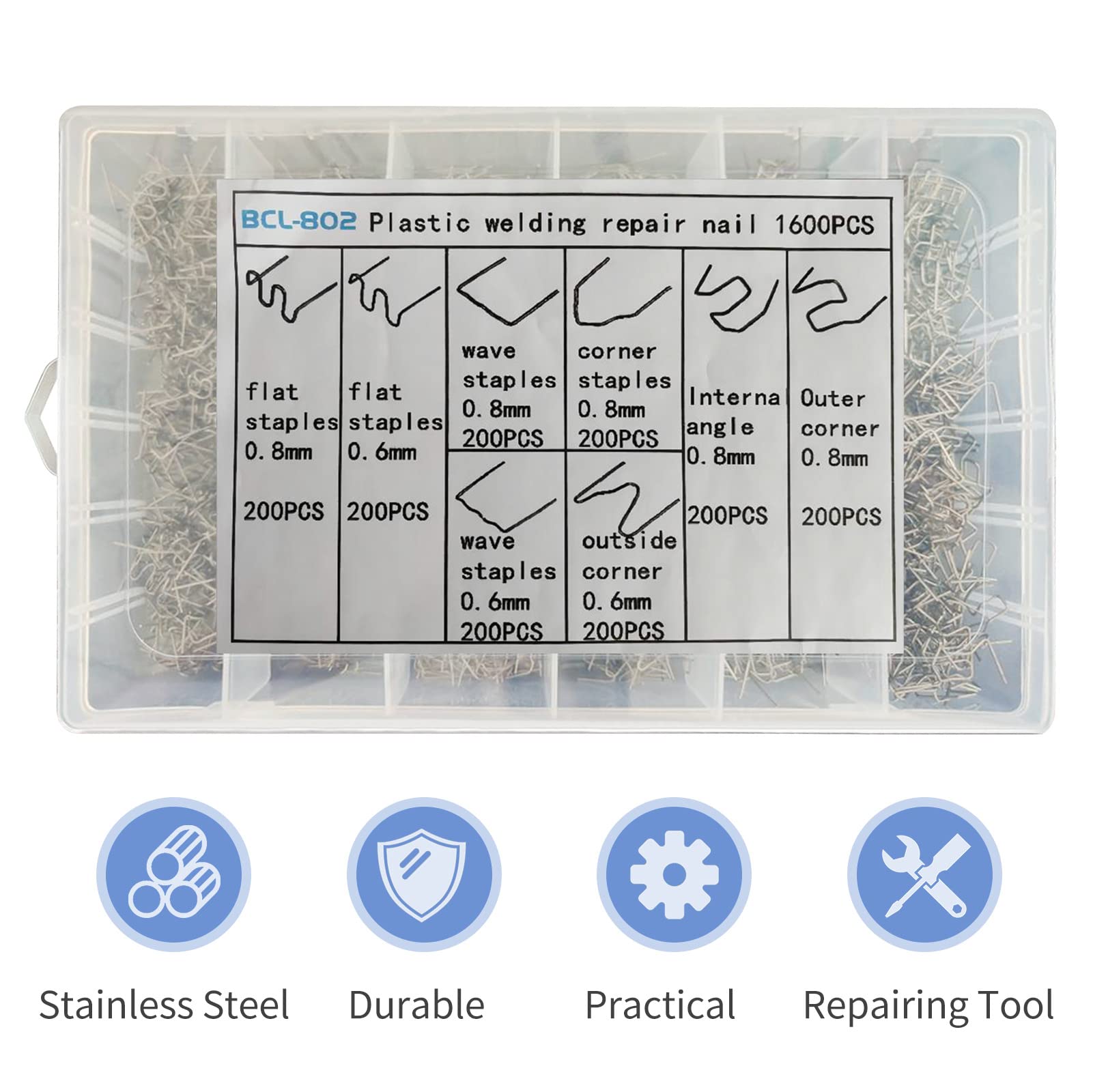 800PCS Plastic Welder Staples With Storage Box, Stainless Steel Auto Plastic Hot Staples for All Cars, 0.6 0.8MM Plastic Welding Repair Kit for Bumper Dashboard Lamp Holder