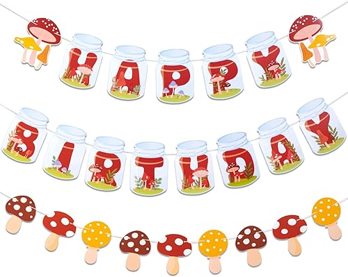 Miniatura 1 de SUNBEAUTY Cartel de feliz cumpleaños de hongos, decoraciones de fiesta de cumpleaños de hongos, decoración de fiesta de hongos, guirnalda de hongos,