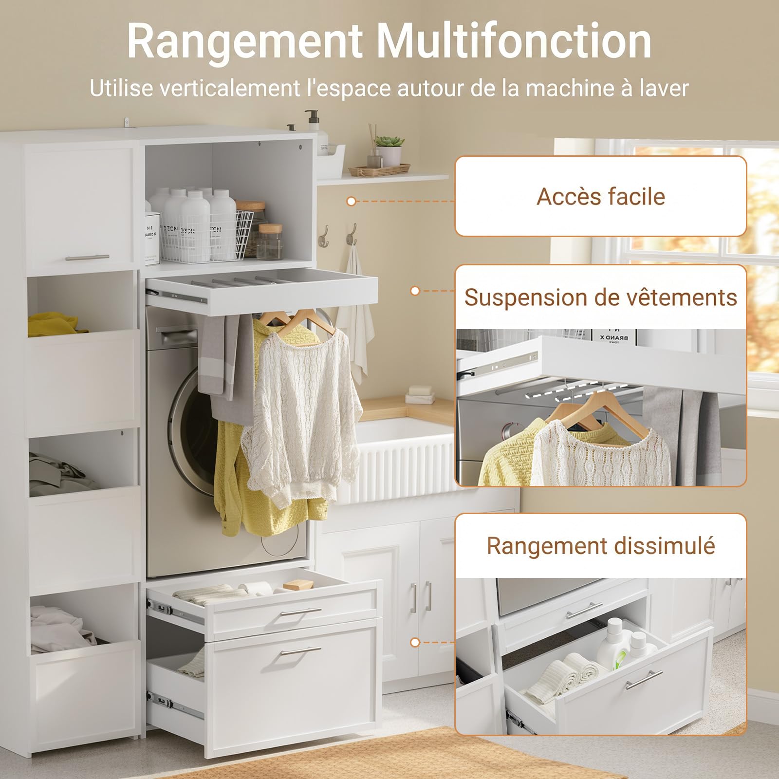 SoBuy Meuble Machine à Laver avec Tringle Coulissante 66x60,5x186 cm Blanc