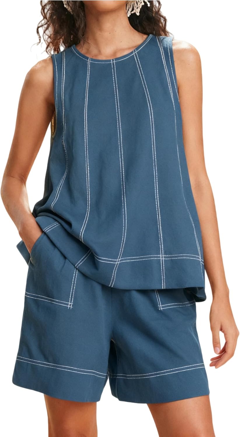 Majdan Womens 2 Piece Lounge Set Summer Shorts Set Sleeveless Tank Top Elastic Waist Shorts with Pockets