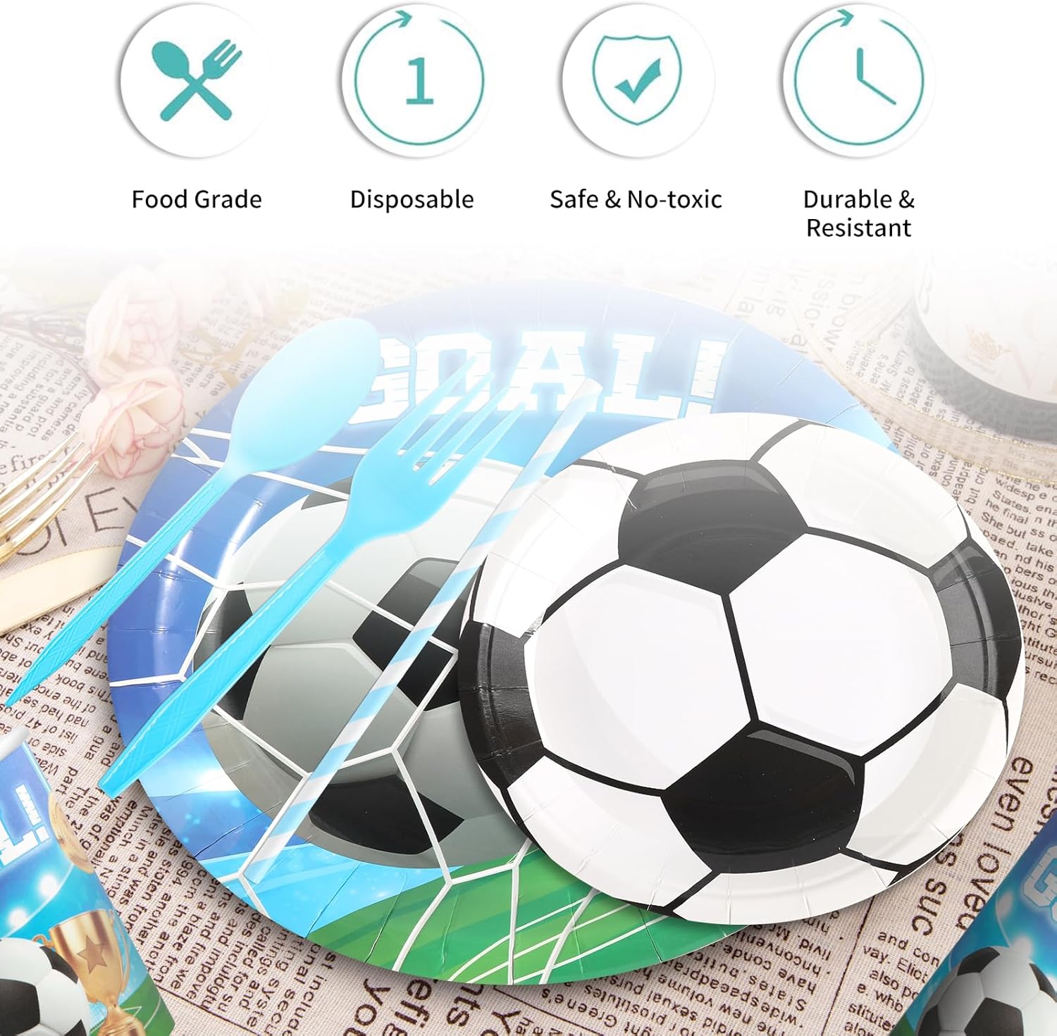 LLOORE 350 Pcs Soccer Birthday Party Decorations, Disposable Tableware Set Party Supplies for 50 Guests, includes Plates, Cups, Napkins, Forks, Spoons, Straws for Soccer Theme Decorations - Image 5