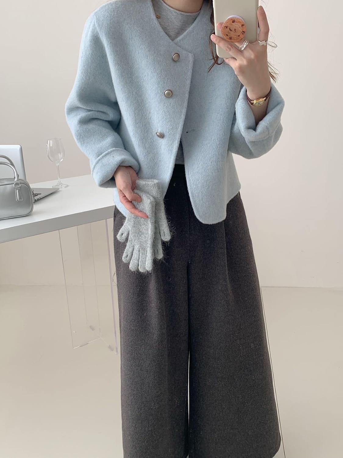 utcoco Women Short Wool Pea Coat Long Sleeve Button Down Short Jacket Cropped Woolen Blend Coat Outerwear