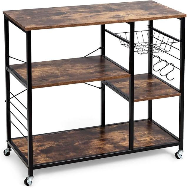 CASART Kitchen Bakers Stand, Industrial Oven Shelf with Mesh Basket and S-Hooks, Metal Frame Bakers Storage Rack for Home Kitchen, Restaurant (with Wheels)