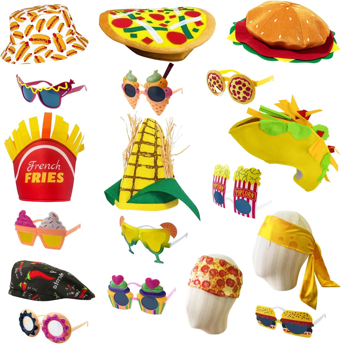 9 Assorted Funny Food Party Hats Crazy Hat, 9 Assorted Food Party Sunglasses Costume Accessories Dress up for Adult Teen