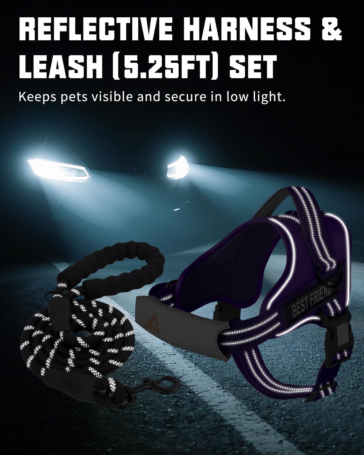 AUROTH Dog Harness and Leash Set, Soft Padded Service Dog Vest with 5.25FT Dog Leash, No Choke, Easy On Pet Vest, Adjustable Reflective No Pull Pet Vest Medium Sized Dog, Easy Walking and Training