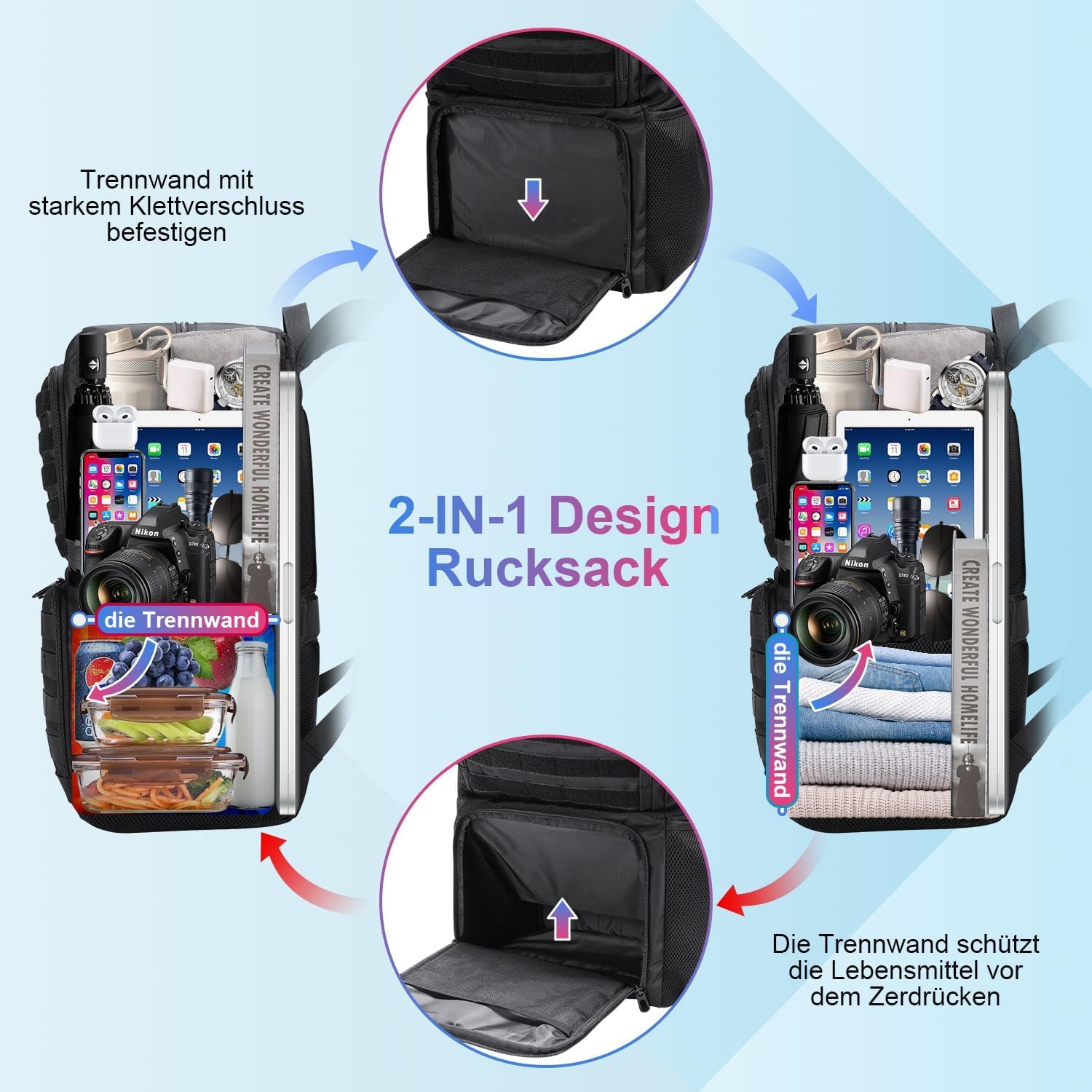BERTASCHE Lunch Rucksack, Laptop Rucksack mit Kühltasche für 17,3 Zoll, 2-IN-1 Rucksack Herren für Taktisch Arbeit Schule Picknick Uni, Schwarz