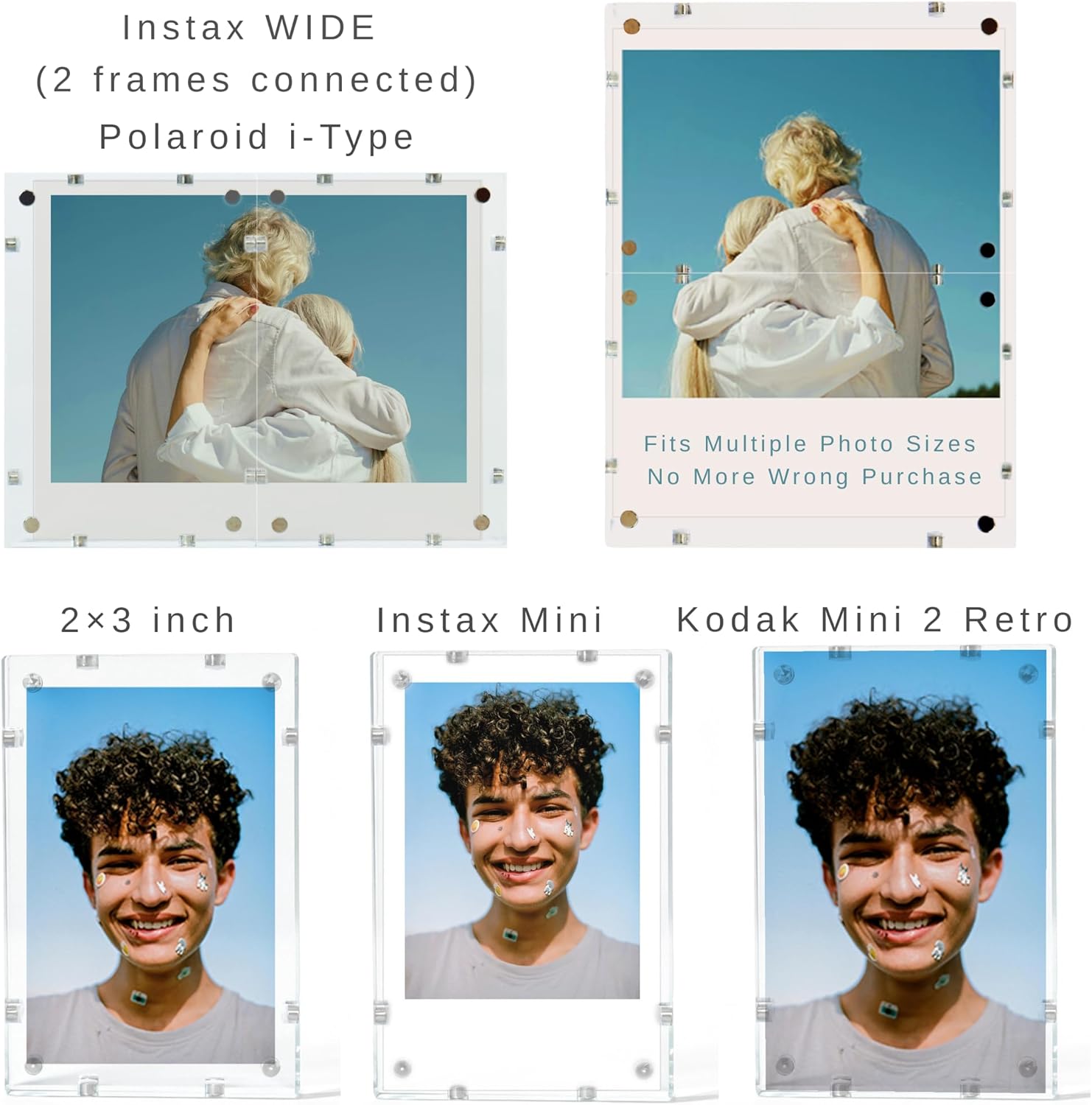 6-Pack Connectable Magnetic Acrylic Photo Frames for Fujifilm Instax Minifilm, 2x3 Film &2.36x3.54 Freestanding Double-Sided Display (Holds 12 Photos), 8mm+8mm Thickness Clear Picture Frame for Polaroid & Kodak Printers