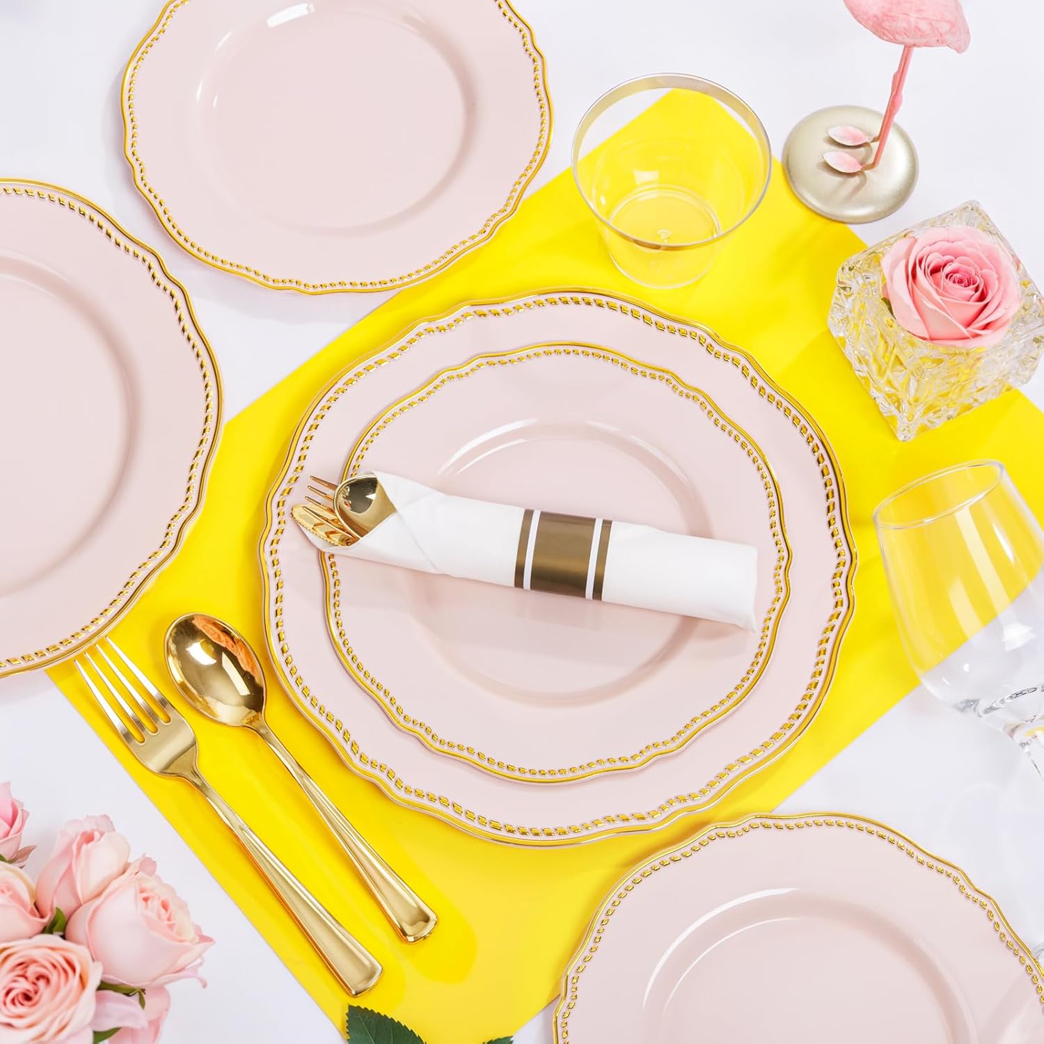 Hioasis 350pcs Pink and gold Plastic Plates - Pink Plastic Dinnerware Set Includes 50 Dinner Plates, 50 Dessert Dinnerware, 50 Cups, 50 Rolled Napkin Cutlery Perfect for Wedding & Valentine's Day - Image 4