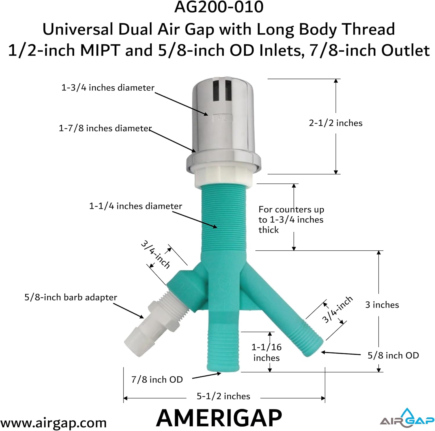 Universal Dual Air Gap with Long Body Thread with 1/2-inch MIPT and 5/8-inch OD Inlets and 7/8-inch OD Outlet (AG200-010 AMERIGAP)