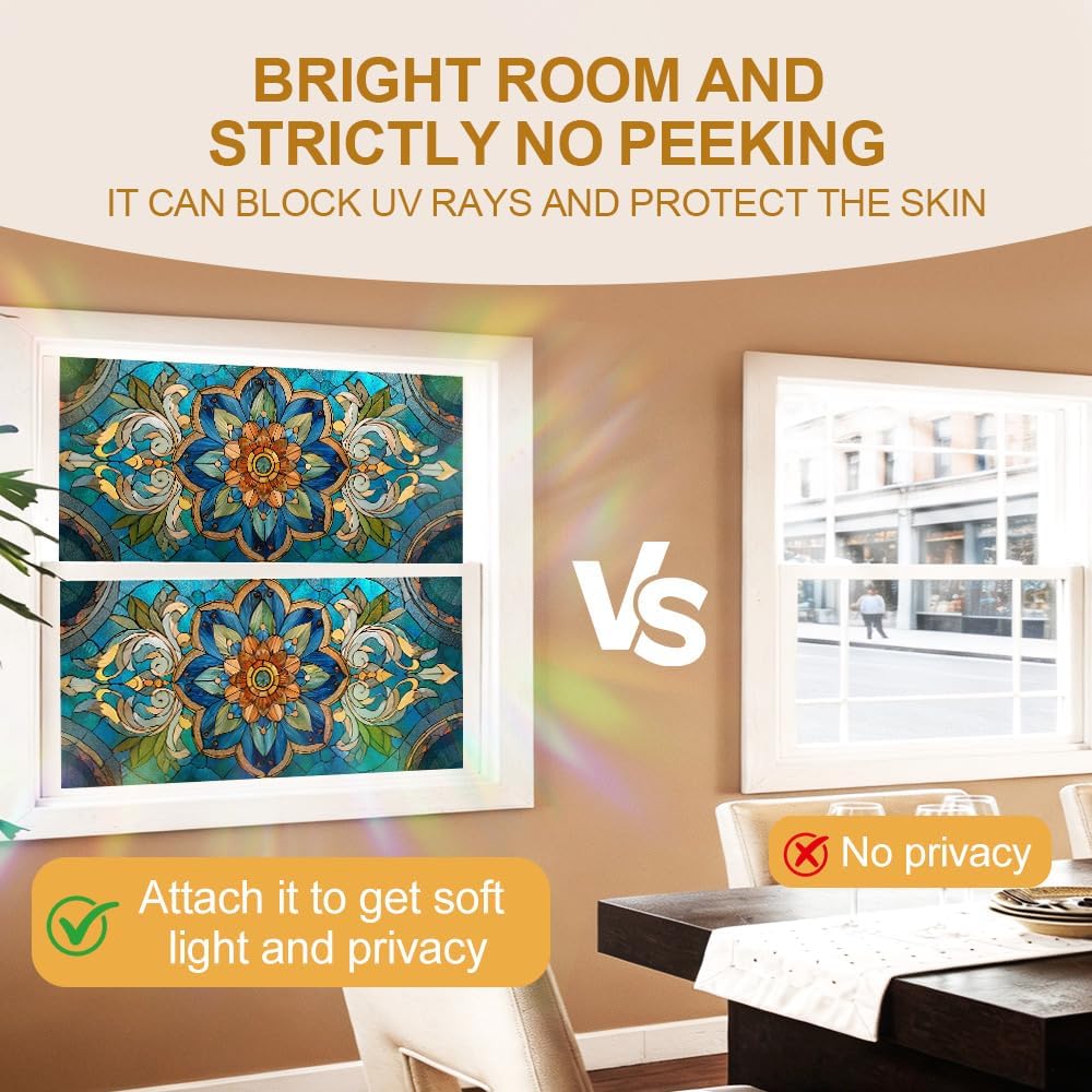 Frosted Window Film 39.37 x 17.32 Inch Blue and Gold Floral Stained Glass Pattern Static Cling Privacy Decorative Glass Cover for Home Office Bathroom or Door Panels