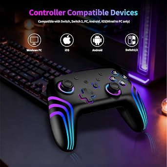 VidPPluing 2 Pack Switch Controllers, RGB Switch 2 Controller for Nintendo Switch/Switch 2/Lite/OLED, Wireless Pro Controller with Motion Sensor/Dual Vibration/Turbo/Wakeup