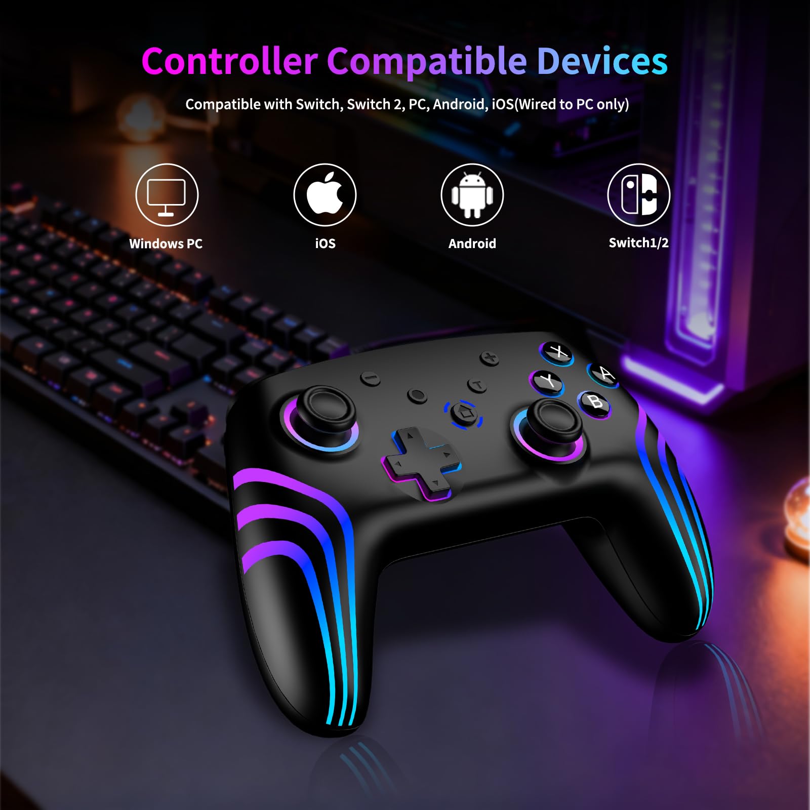 Riscvma 2pcs Controller per Switch/Switch 2/Lite/OLED/PC, Controller per Nintendo Switch con RGB 7 Colori Cambiabili/Vibrazione Duale/Giroscopio 6 Assi/Turbo, Ergonomico e Joystick, Nero+Bianco