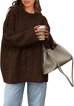 Okiwam Women's Oversized Sweaters Crewneck Cable Knit Pullover Casual Loose Fall Outfits Fashion Clothes 2025
