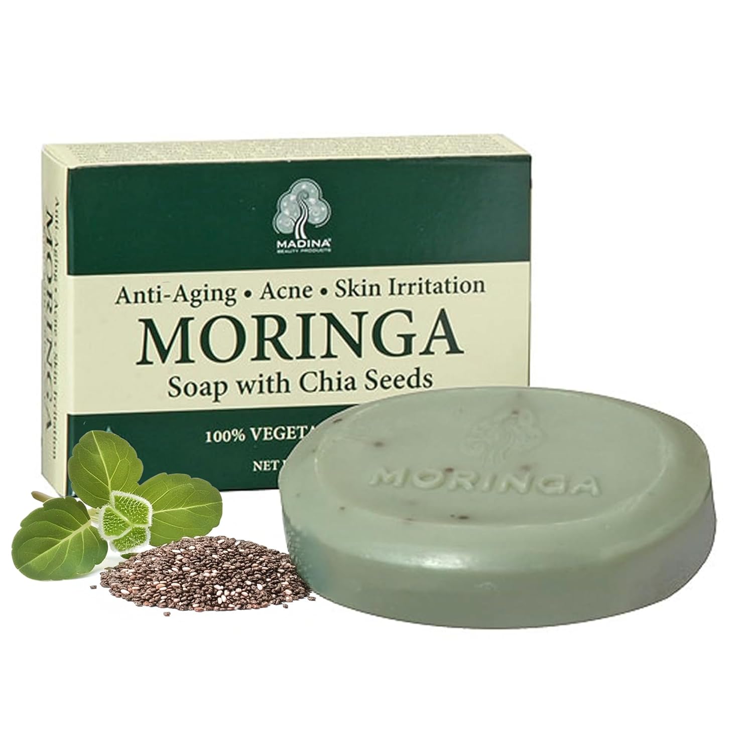 Madina Moringa Soap Bar with Chia Seeds – Moisturizing, Antioxidant, Gentle Cleanser for Face & Body, Anti-Aging, Acne, Skin Irritation, Vegetable-Based, 6 Pack (3.5 oz Each)