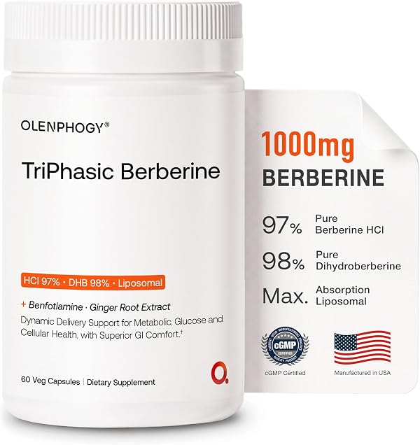 TriPhasic Berberine 1000mg, 9X Absorption Liposomal Berberine, Ultra Pure Dihydroberberine & Berberine HCl, Digestive-Friendly Berberine Supplement for Metabolic Support, Gut Balance,60 Veg Capsules