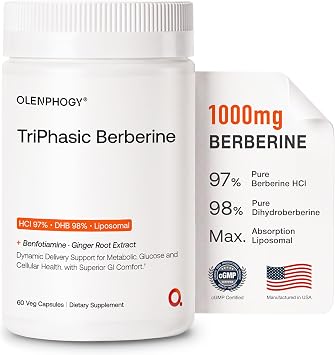 TriPhasic Berberine 1000mg, 9X Absorption Liposomal Berberine, Ultra Pure Dihydroberberine & Berberine HCl, Digestive-Friendly Berberine Supplement for Metabolic Support, Gut Balance,60 Veg Capsules