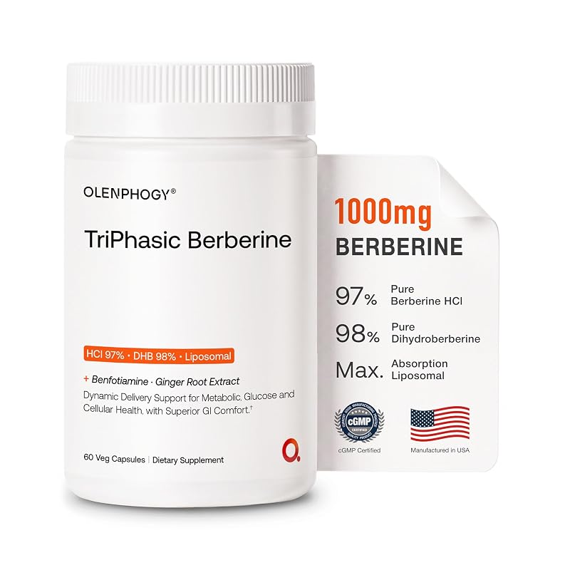 Olenphogy Suplemento de Berberina com Berberina HCl, Dihidroberberina, Berberina Lipossomal, Benfotiamina e Extrato de Gengibre 1.000 mg 60 cápsulas
