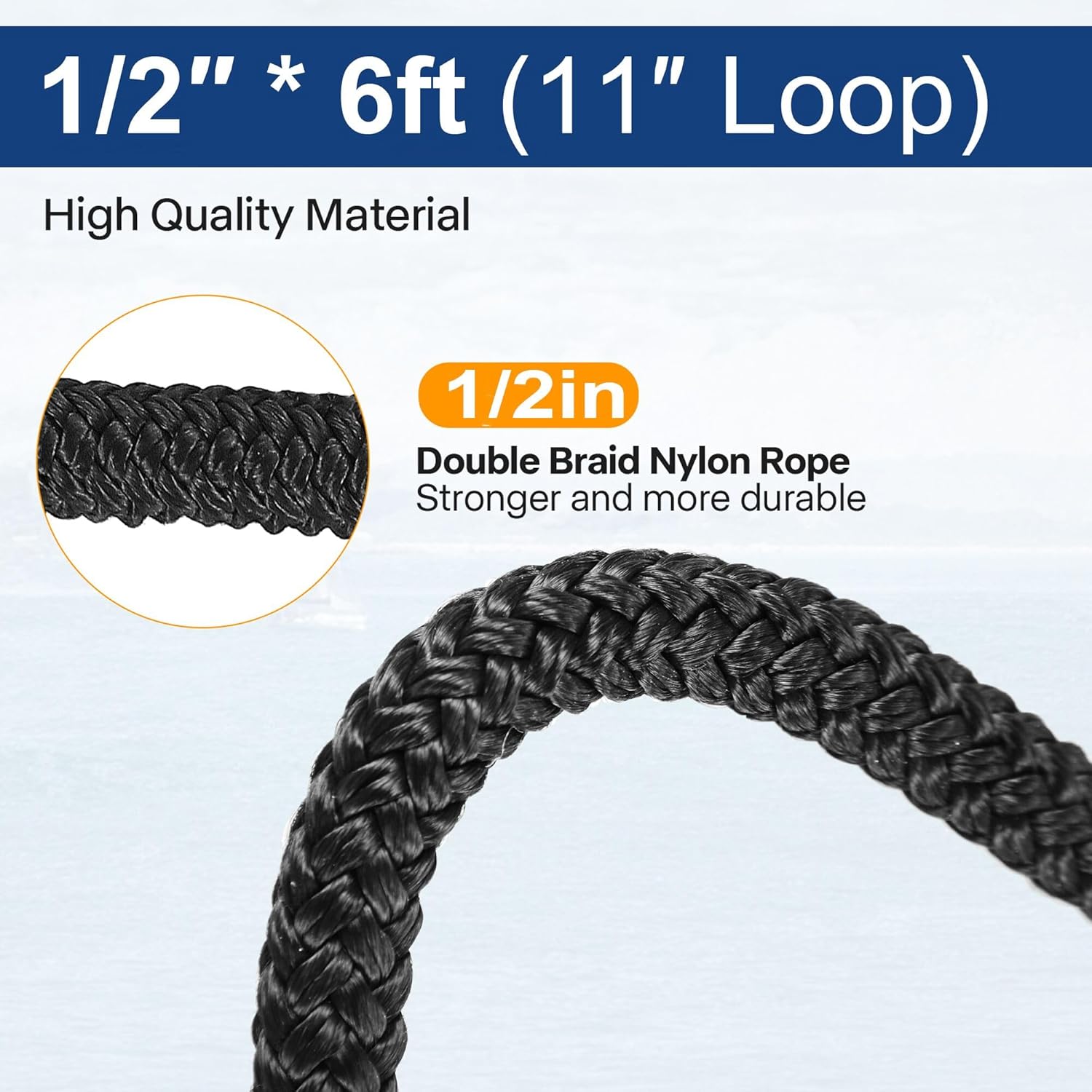 1/2" X 6ft Boat Dock Lines, Double-Braided Nylon Dock Line with 12" Eyelet. Boat Ropes Mooring Ropes, Boat Accessories for Yacht, Pontoon, Waverunner, Seadoo, Black