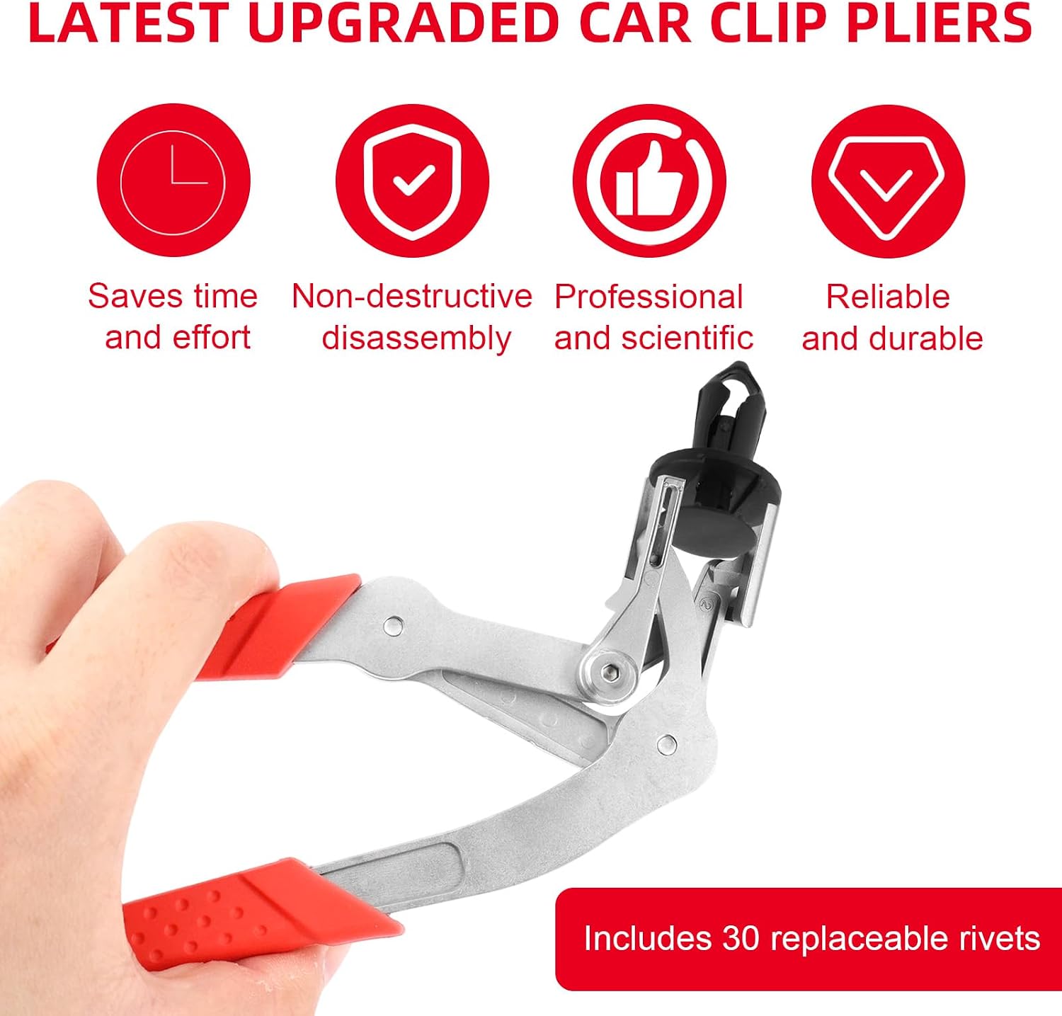 Car Clip Pliers with 30pcs Nylon Rivets, Panel Clip Removal Pliers Multi-Functional Spring-Loaded Auto Fastener Rivet Remover Damage-Free Disassembly Tools for Door Panels Interior Trim Buckles
