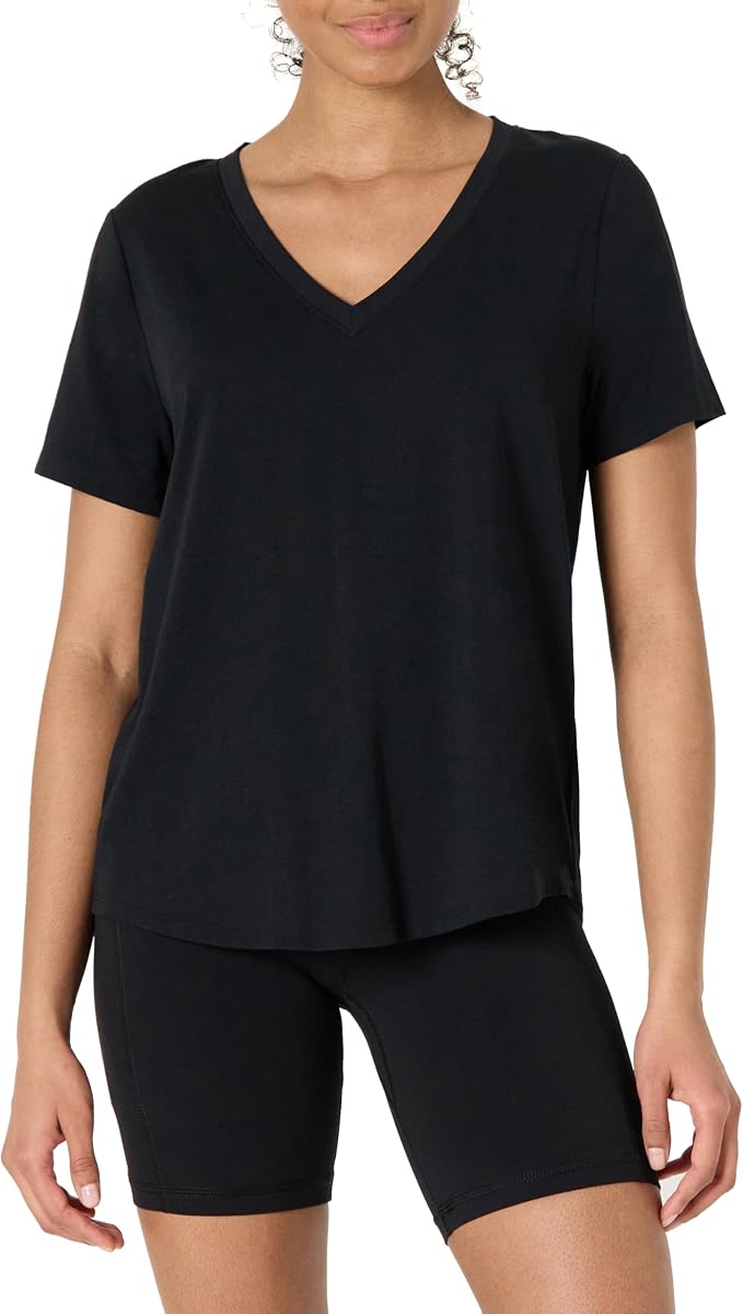 Amazon Essentials Women's Active Soft Cotton Modal V-Neck Short Sleeve Lightweight Yoga Workout T-Shirt with Curved Hem