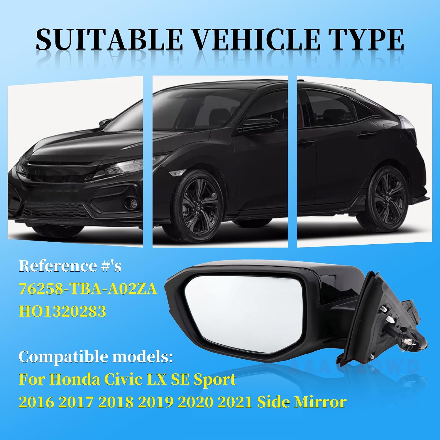 Black Left Driver Side Mirror Replacement For Honda Civic LX SE Sport 2016-2021 -Power Mirror Manual Folding Non-Heat Matchl Black Left Side Door Mirror#76258-TBA-A02ZA HO1320283(3Pins)