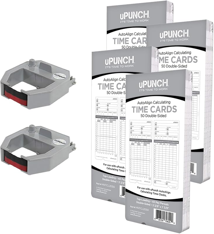 uPunch 2 Pack Ribbon/200 Card Combo for Gray HN4000 AutoAlign Calculating Time Clocks (HNRL2TCL2200)
