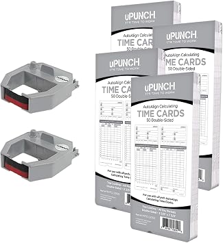 uPunch 2 Pack Ribbon/200 Card Combo for Gray HN4000 AutoAlign Calculating Time Clocks HNRL2TCL2200