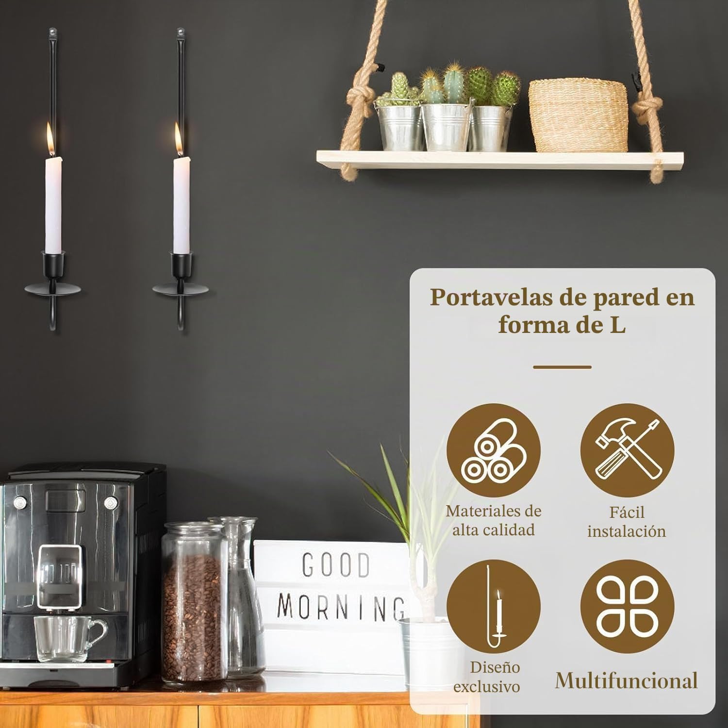 2 candelabros de hierro mental, candelabros de pared para colgar en la pared, en forma de L, 40 x 7 x 11 cm, portavelas de pared negro para dormitorio, comedor, sala de estar