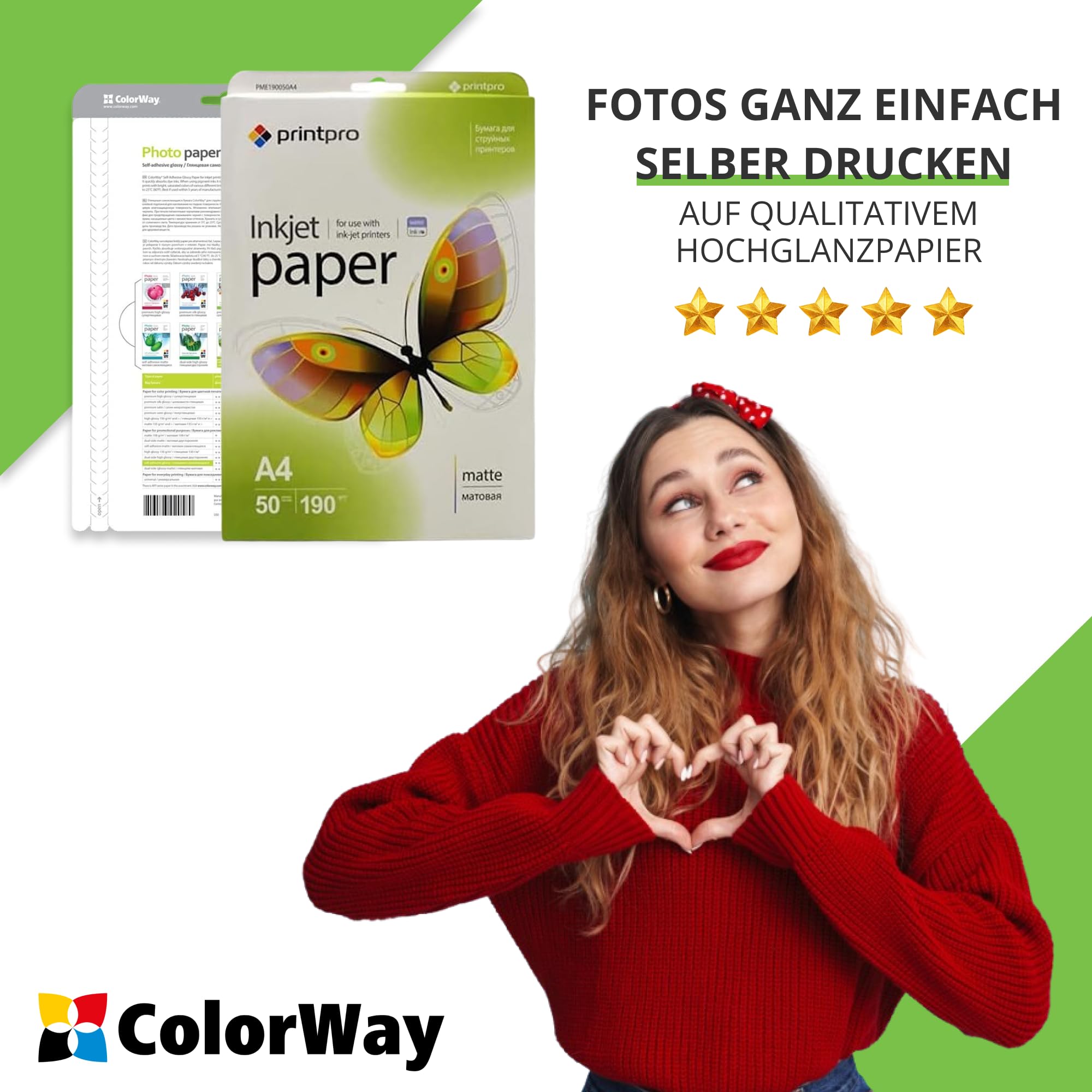 Papier fotograficzny Printpro firmy Colorway matowy 190 g/m², 50 arkuszy A4, szybkoschnący, wodoodporny, do wszystkich drukarek atramentowych