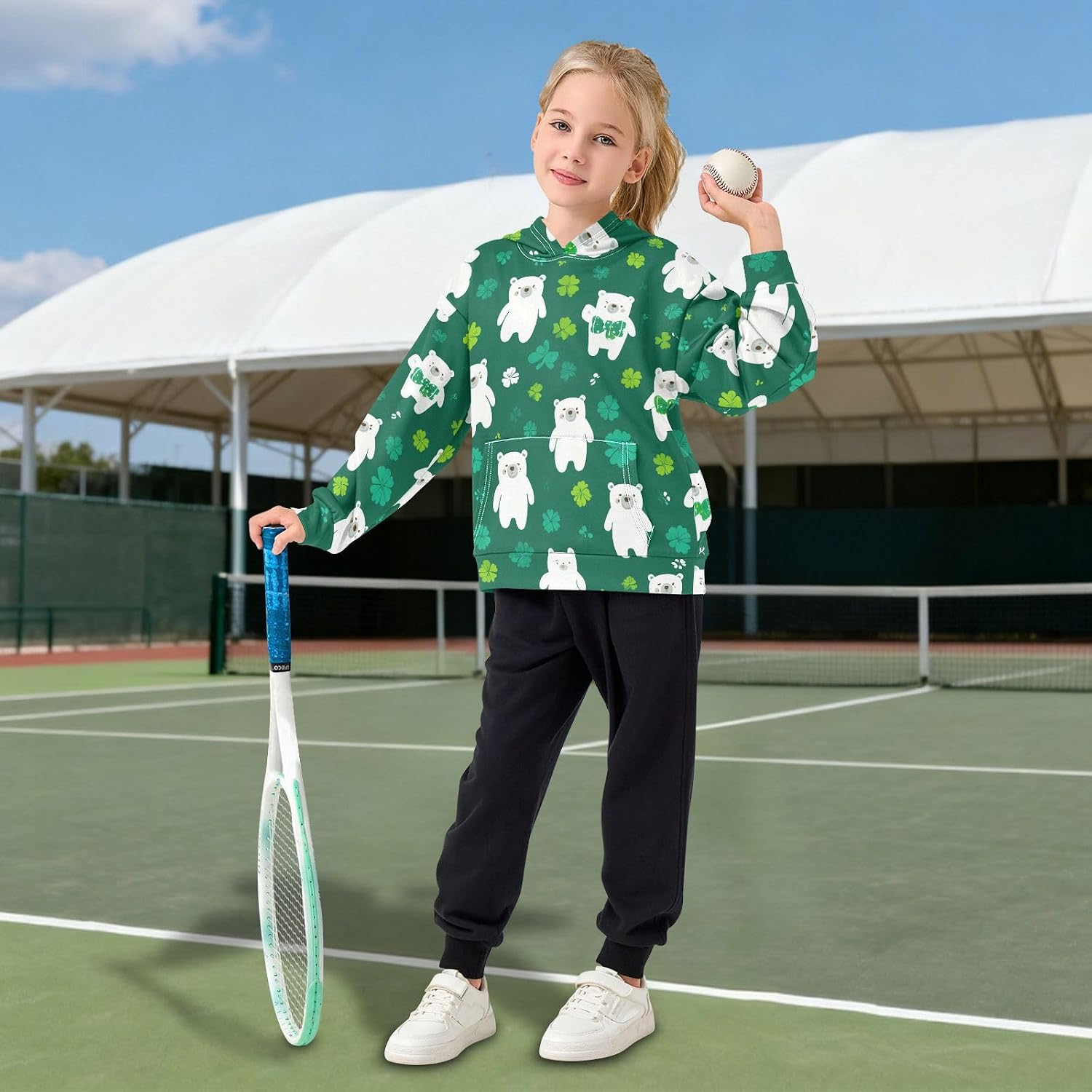 ZZXXB Bear Shamrock Kids Sweatshirts Boys Girls Hooded Kangaroo Pocket Pullover Tops XS-XXL