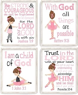 Pixie Paper Ballerina in Pink Christian Nursery or Little Girls Room Set of 4 Unframed Prints with Bible Verses