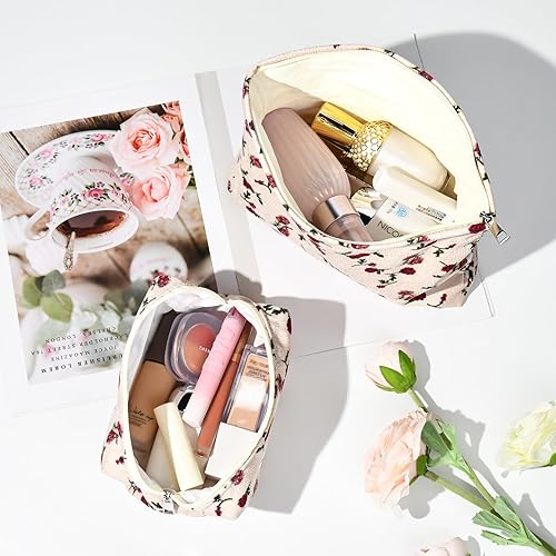 Miniatura 4 de SOIDRAM Bolsa de maquillaje de 2 piezas, bolsa grande de pana para cosméticos, bolsa de viaje, bolsa de aseo de viaje, organizador de brochas de