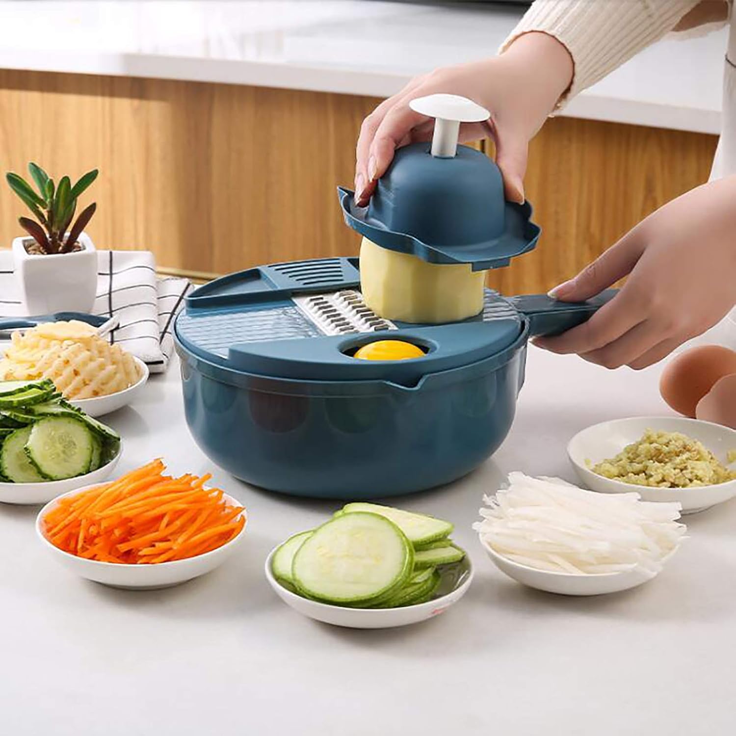 Vegetable Slicer Kitchen Vegetable Chopper Mandolin Slicer Fruit Cutter Adjustable Food Chopper with Hand Guard and Container Onion Chopper Dicer for Potato Tomato Cheese Cucumber Blue 28 x 18 x 7.5