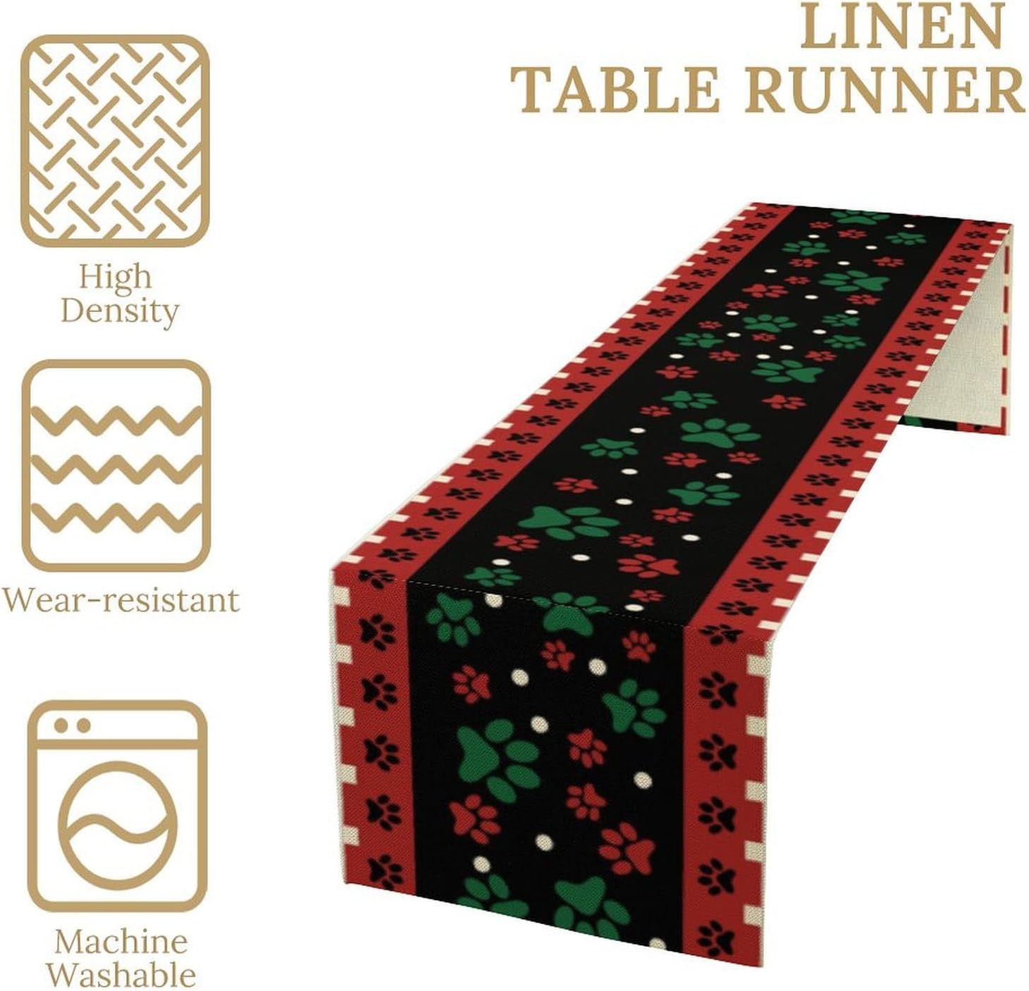 Dog Cat Paw Prints Table Runner, Red Black Xmas Kitchen Dining Table Pet Lover Gifts, Holiday Burlap Home Decoration Indoor Outdoor Party, 13x120 Inch