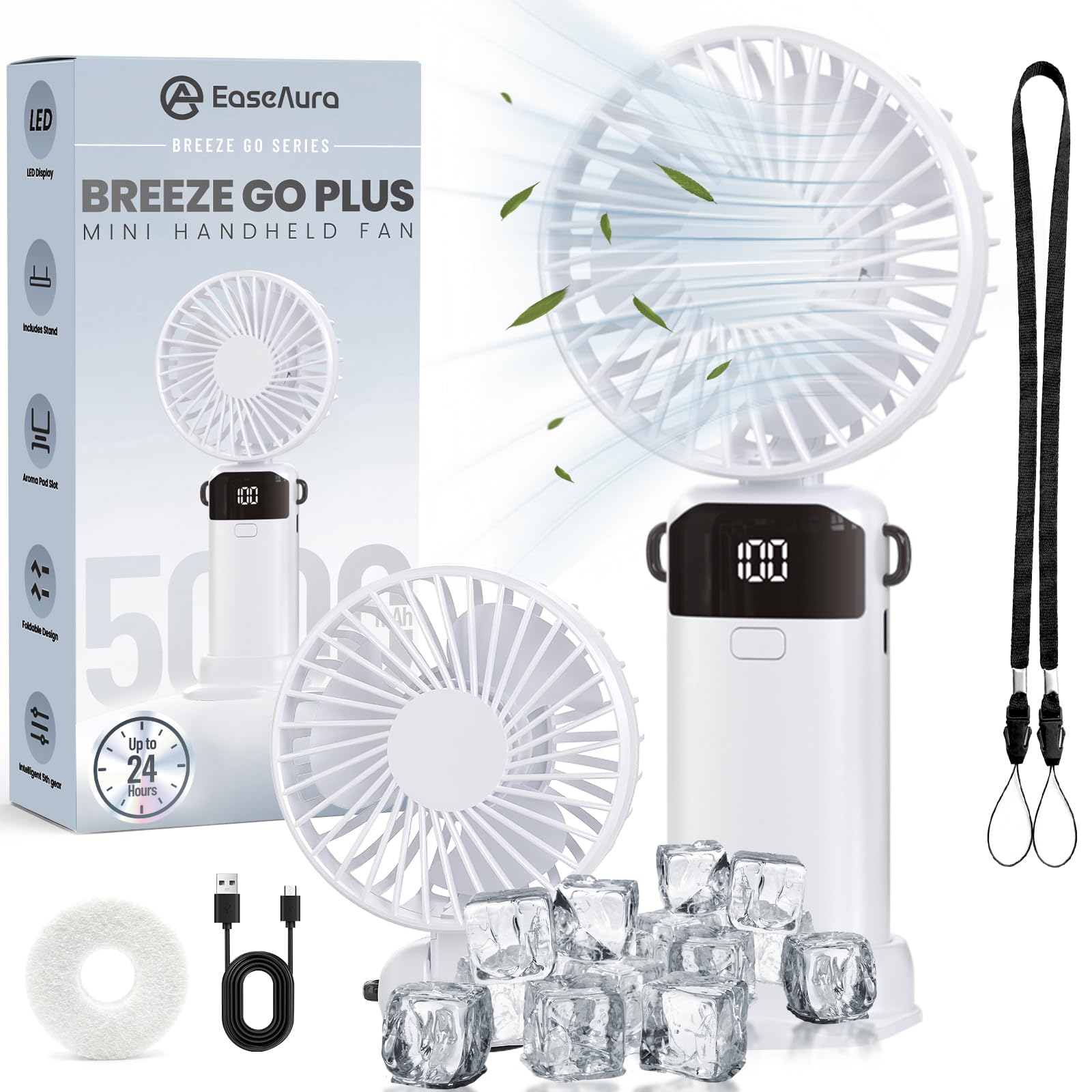 EaseAura® Handheld Fan, Hand Held Fans Rechargeable with 5000mAh Battery, Mini Portable Fan with 5-Speed, USB Electric Personal Fan with LED Display, Small Foldable Travel Fan with Stand,Auto Shut-Off