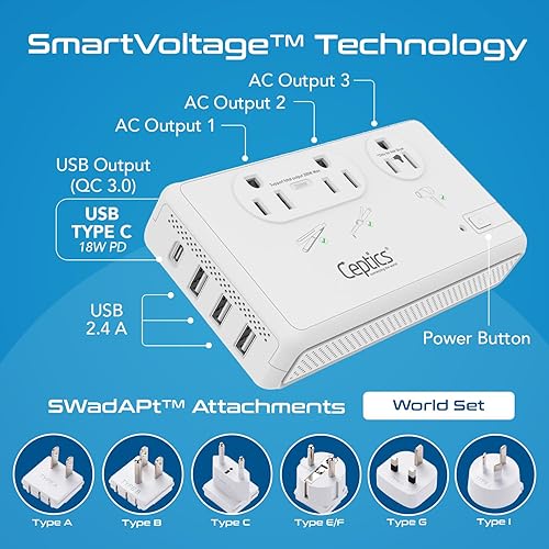 Miniatura 2 de Ceptics Convertidor de voltaje de viaje de 2000 W para secador de pelo y convertidor de 200 W de 220 V a 110 V para rizador, alisador, cargadores,